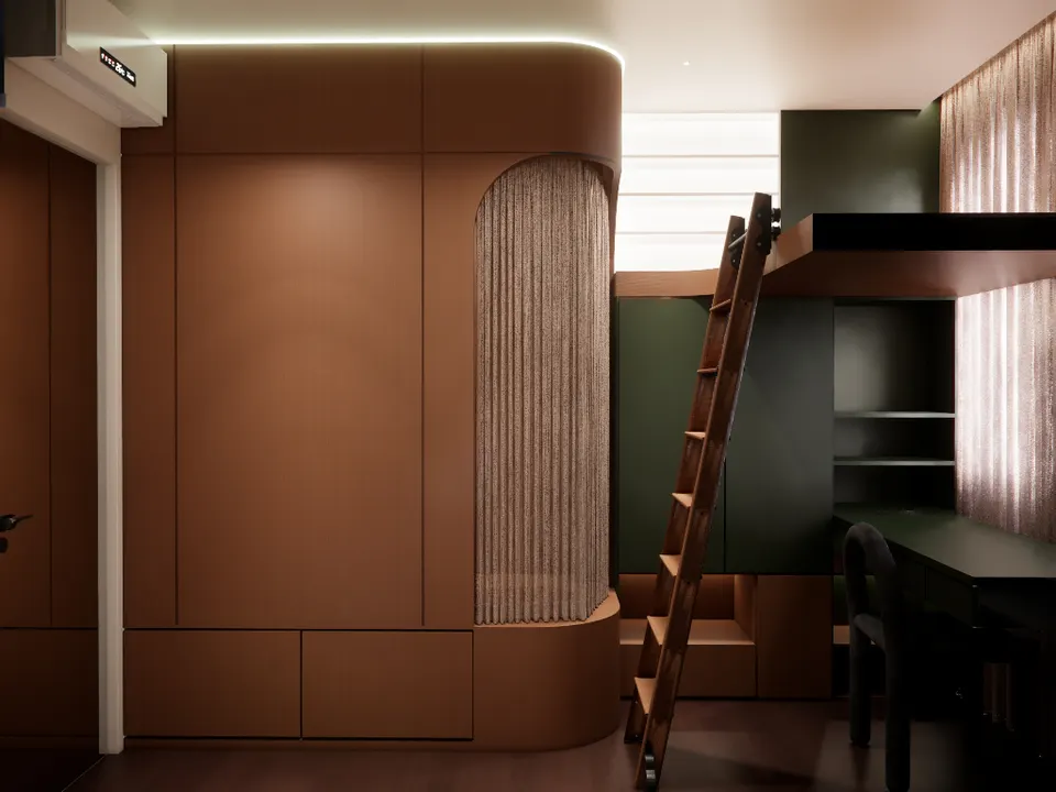 Room with curved timber joinery, green cabinets and a ladder to a loft above a desk