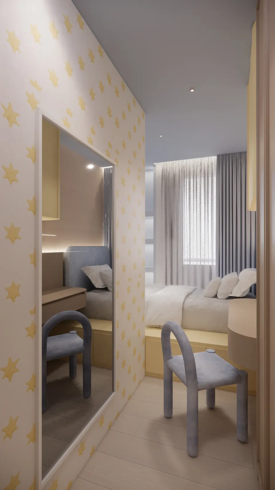 Bedroom with star-print walls, a tall mirror and a blue-grey chair