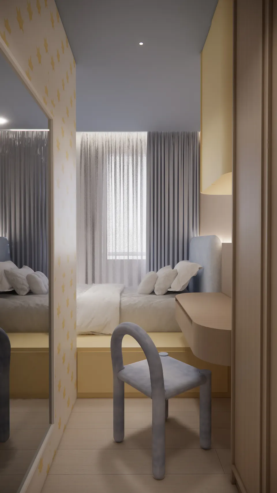 Platform bed by a curtained window with a floating desk