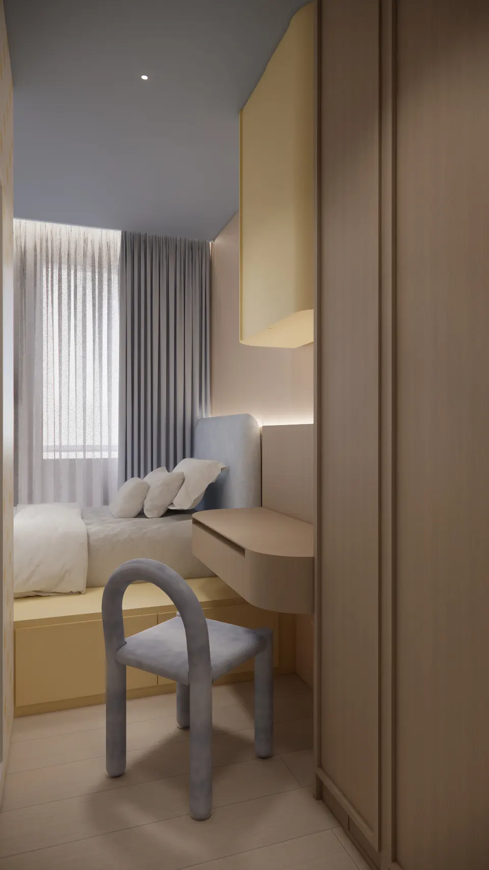 Floating desk and blue-grey chair beside a timber wardrobe