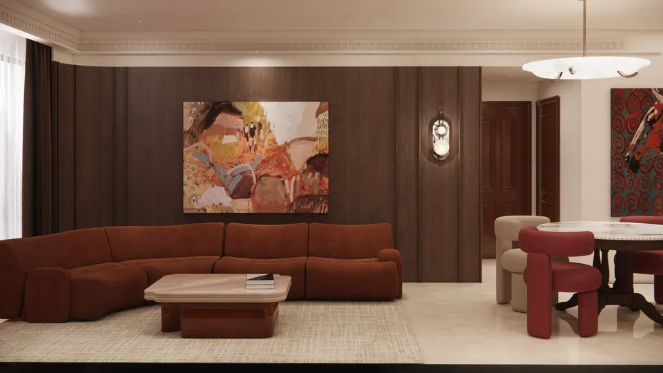 Living room with a rust sofa and a large painting against dark timber panelling