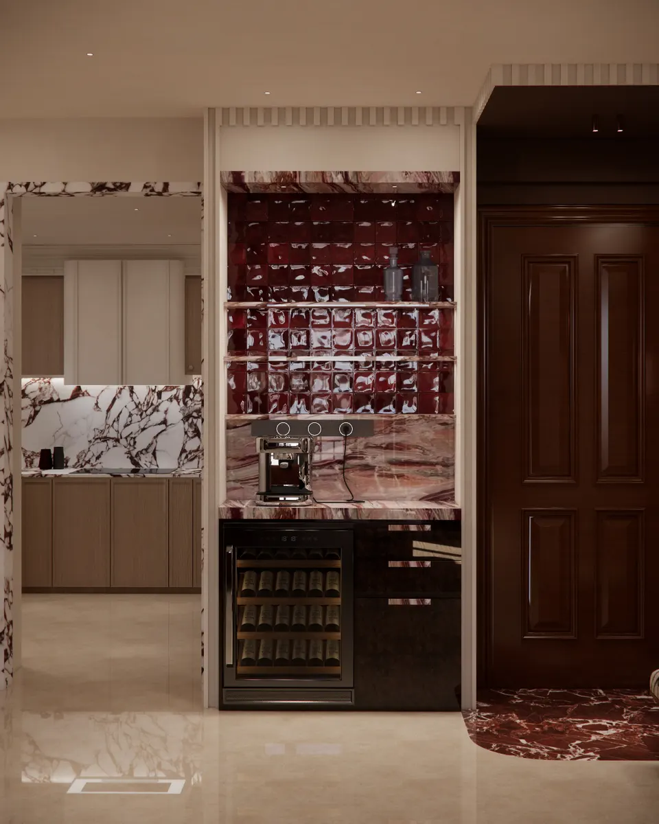 Bar niche lined in glazed red tile with a wine fridge below