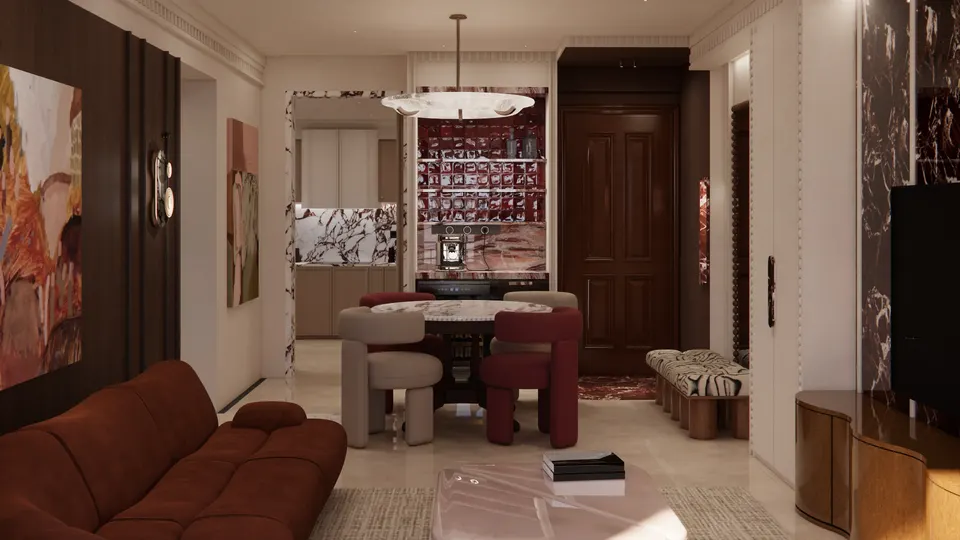 View from the sofa to the round dining table and the bar niche