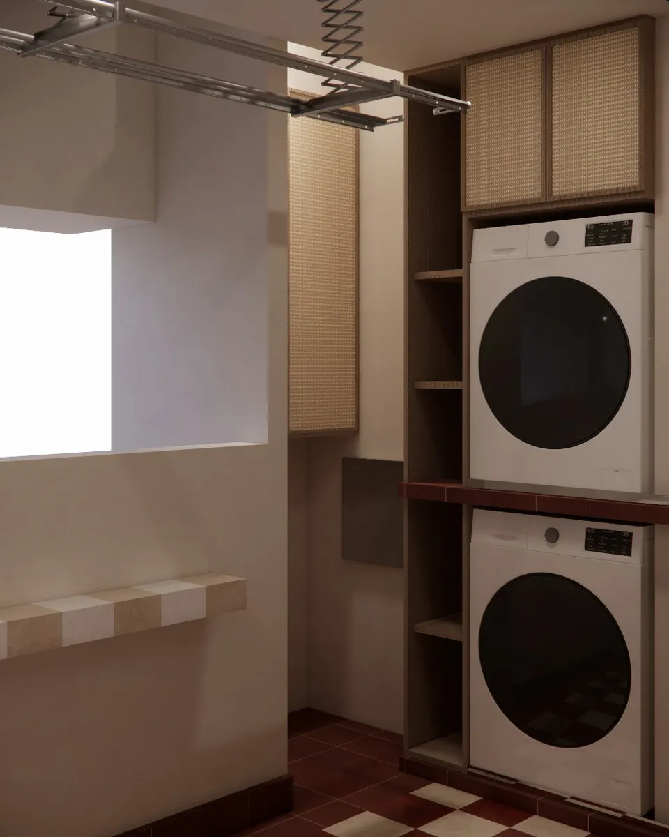 Laundry corner with stacked machines and open shelves