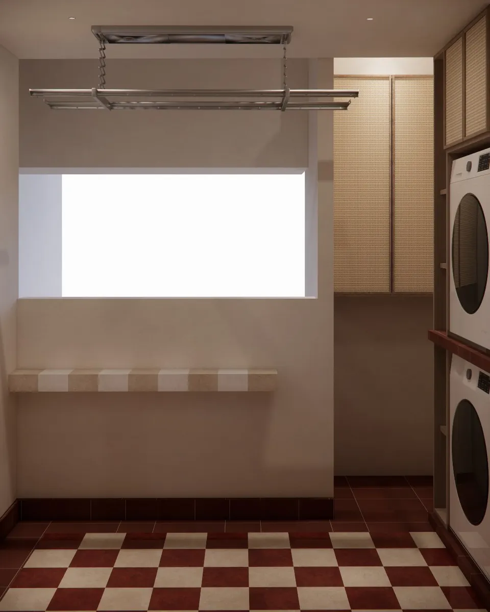 Laundry with a chequered red and cream floor and a striped stone shelf