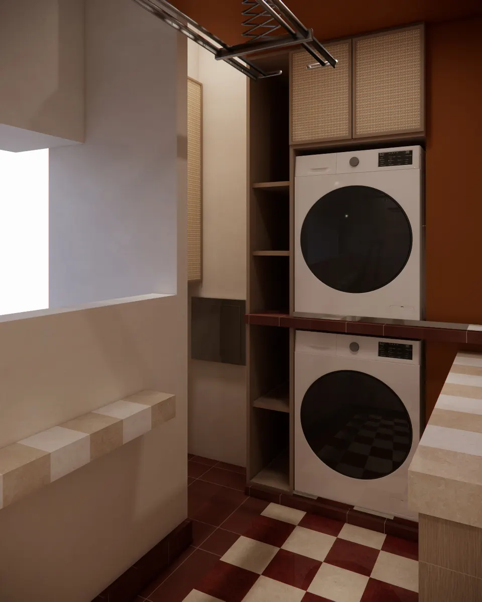 Stacked washer and dryer under cane-fronted cabinets
