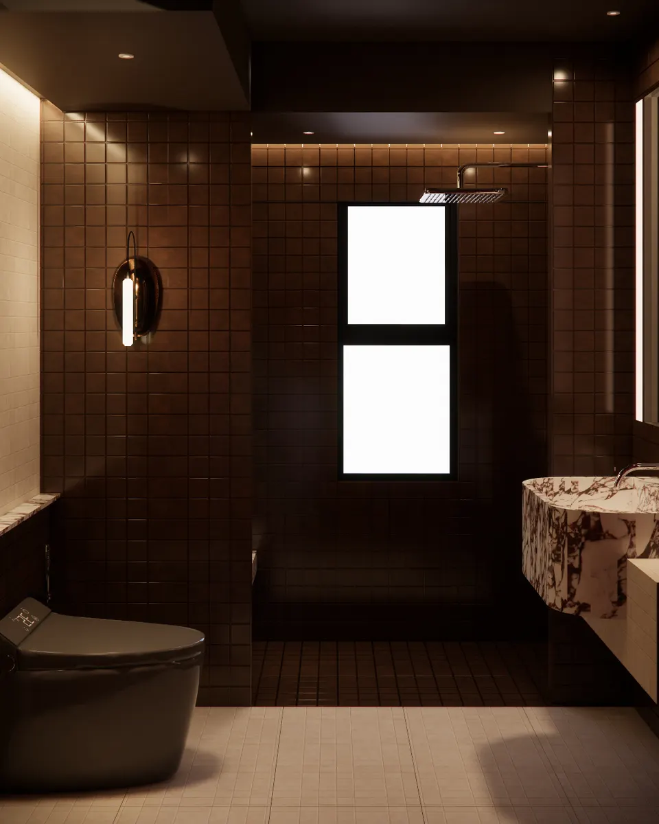 Dark tiled bathroom with a window and wall light