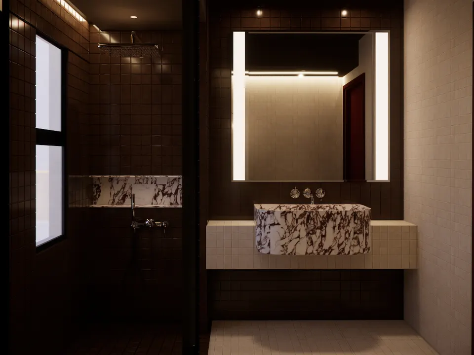 Veined marble basin beneath a backlit mirror