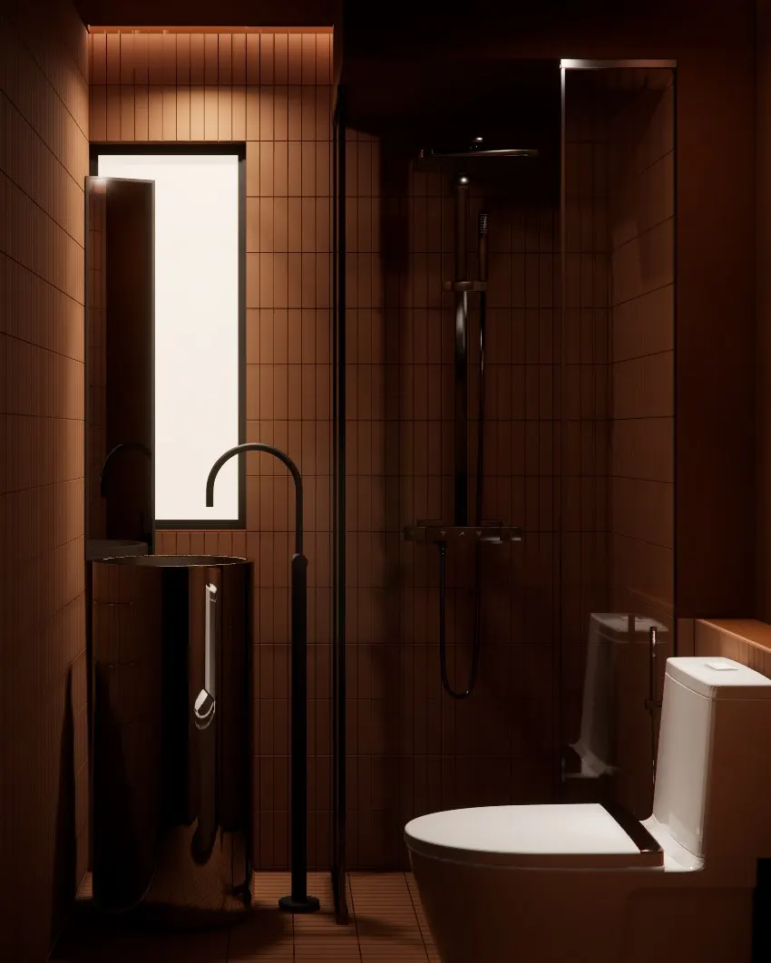 Terracotta tiled bathroom with a steel pedestal basin by the window