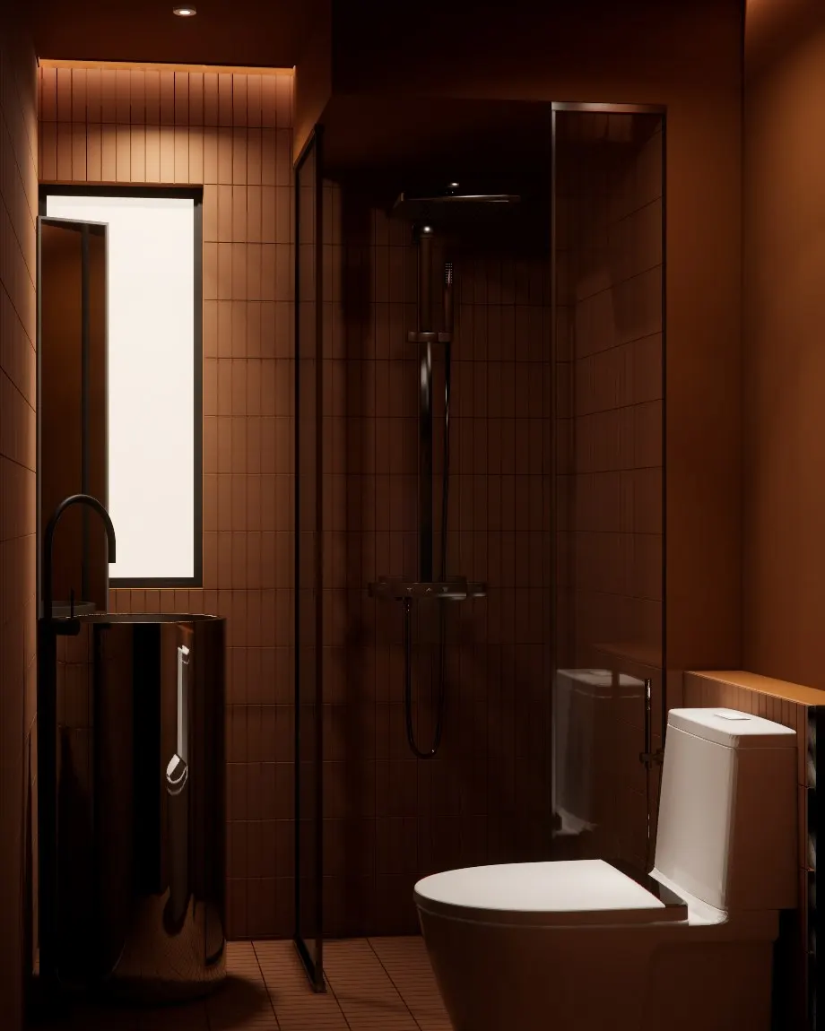 Terracotta tiled bathroom with a glass shower screen