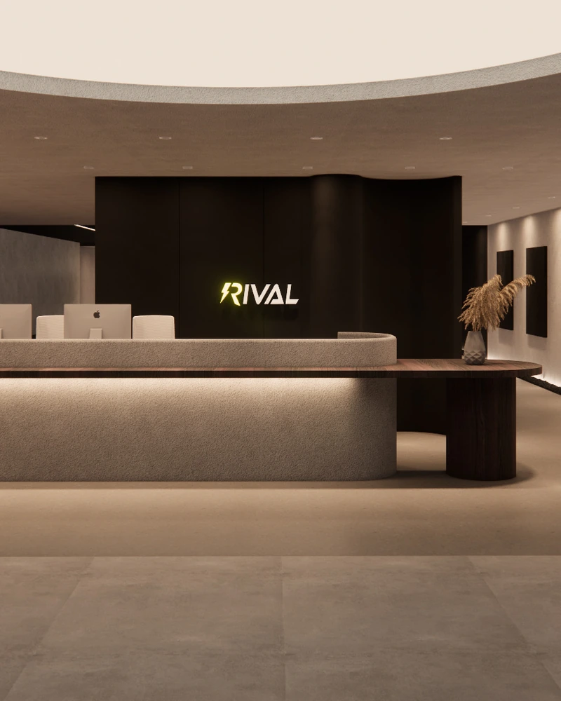 A wellness club in plaster, dark timber and black.